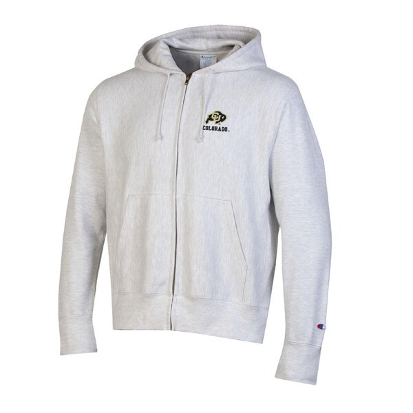 Silver gray full-zip hoodie with CU Buffaloes logo and "Colorado" text on left chest, front view.